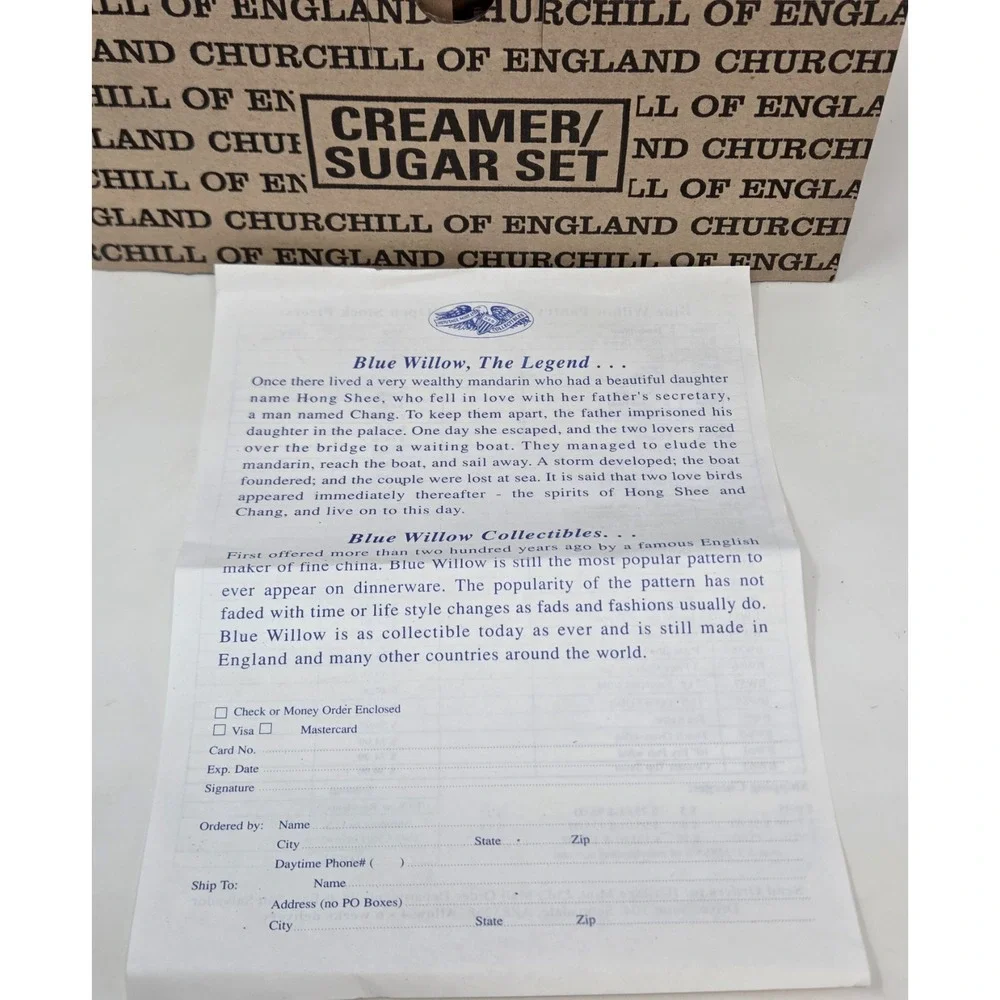 Churchill Blue Willow England Creamer Sugar Bowl Set New in Original Box